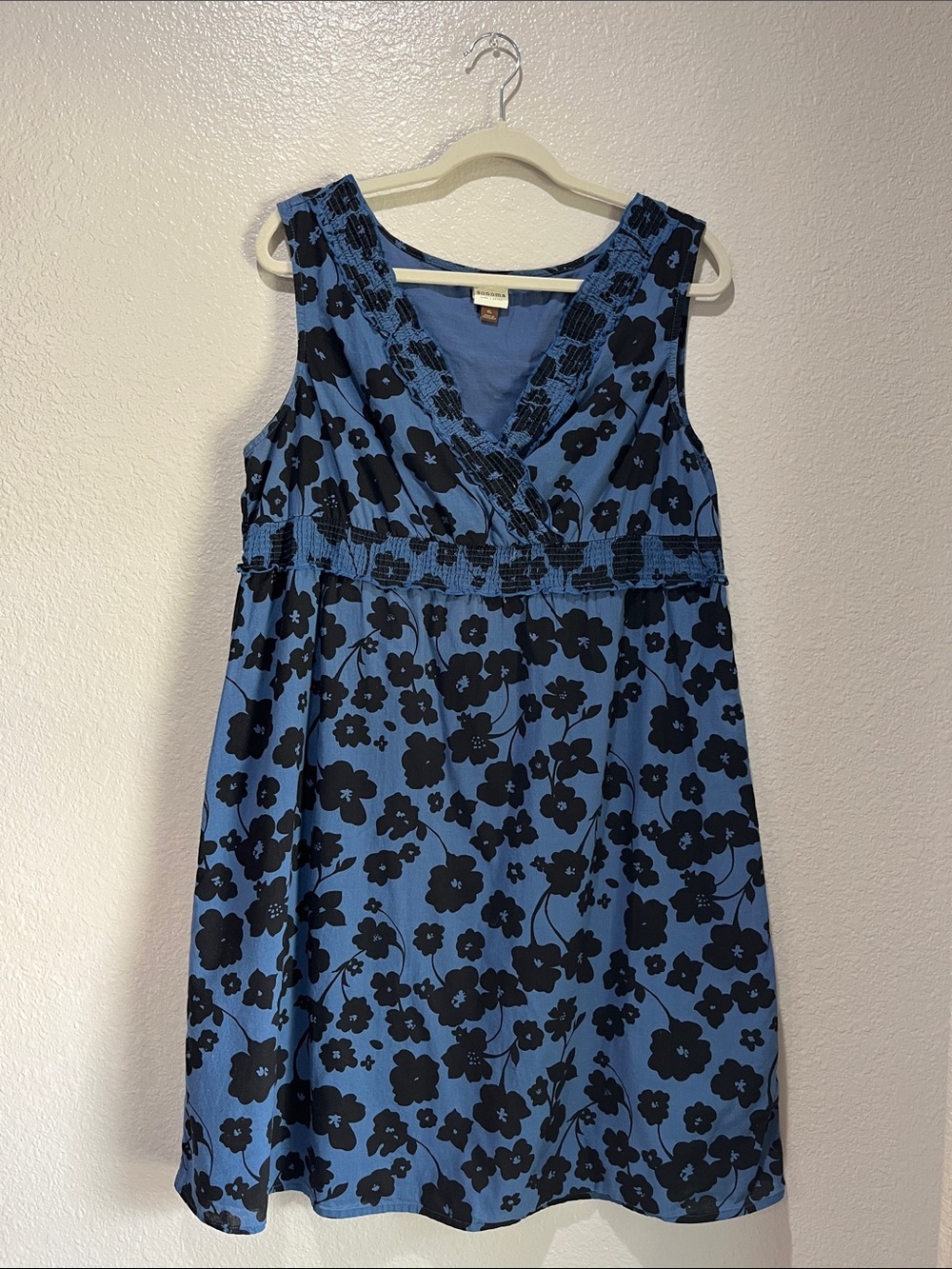 Sonoma Blue Black Floral Empire-Waist V Neck Midi Dress Sz XL Boho TC0788